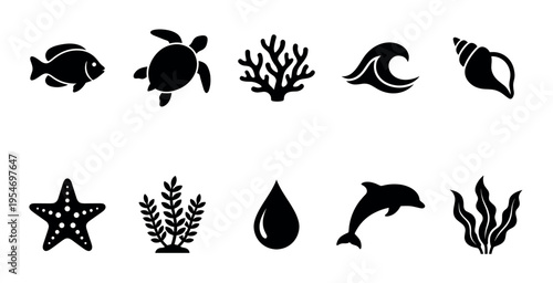 A collection of black silhouette icons representing various marine elements like a fish, turtle, coral, wave, shell, starfish, seaweed, water drop, and dolphin on a white background.