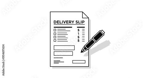 Minimalist black and white line art illustration of a delivery slip document being signed with a ballpoint pen for logistics.