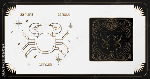 Astrology wheel with zodiac signs on star background. Line art cancer illustration of zodiac signs. 