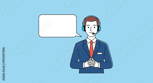 Professional male customer support agent wearing a headset and suit against a blue background with an empty speech bubble.