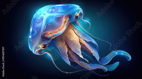 Glowing Blue Jellyfish Floating in Dark Ocean Background
