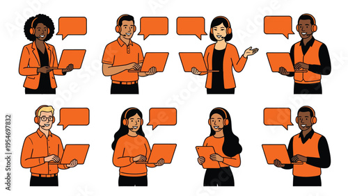 Diverse customer service team with headsets, laptops, and speech bubbles. Online support, call center agents, communication.