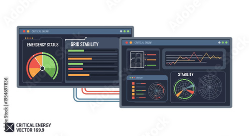 Two dark-themed digital dashboards displaying critical energy grid stability and emergency status with various gauges, charts, and data visualizations.