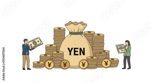 Tiny business people standing next to large bag of Japanese yen with stacks of gold coins for financial growth concept.