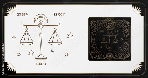 Astrology wheel with zodiac signs on star background. Line art libra illustration of zodiac signs. 