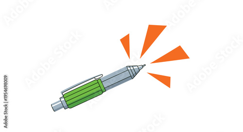 Green and silver mechanical pencil pointing upwards with bright orange graphic sparks for creative ideas and technical drawing.