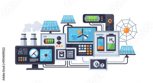 A complex network of renewable energy sources and storage systems, including solar panels, wind turbines, and hydrogen fuel cells, connected to a control center.