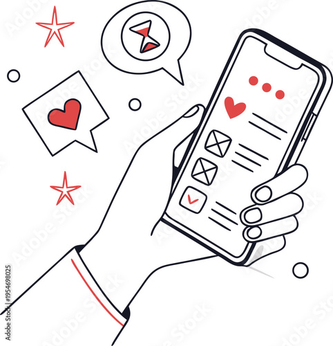 Hand holding smartphone using dating app interface