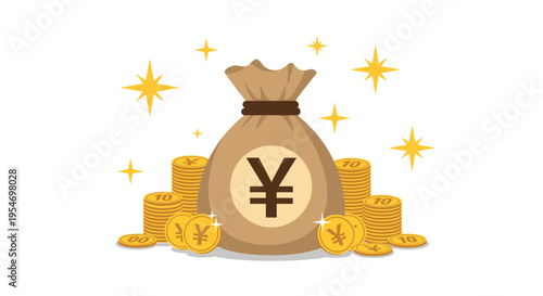 Large brown sack labeled with a yen symbol surrounded by piles of gold coins and sparkling yellow stars for financial success.