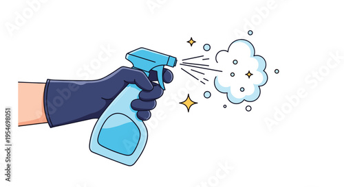 Hand wearing a dark blue glove holding a spray bottle and cleaning with foam and sparkles on a white background for hygiene.