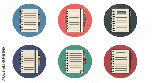 Various spiral notebook icons in different colors with tabs and pens inside circular backgrounds for organization and study.