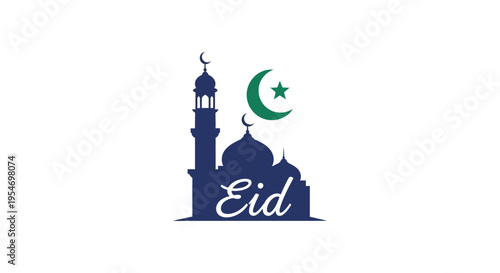 A striking depiction of a mosque and crescent moon with Eid text a dark silhouette