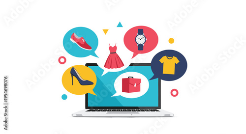 Laptop computer screen showing various colorful shopping speech bubbles containing shoes, dress, watch, bag, and t-shirt icons.
