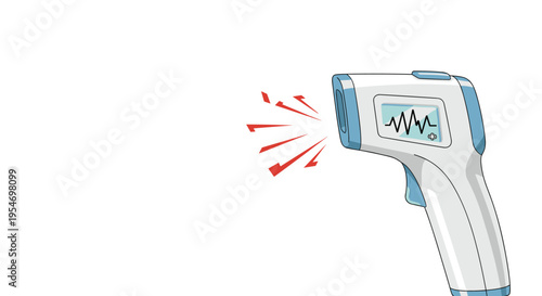 Modern non-contact infrared thermometer gun with a digital screen showing a wave pulse for medical temperature measurement.