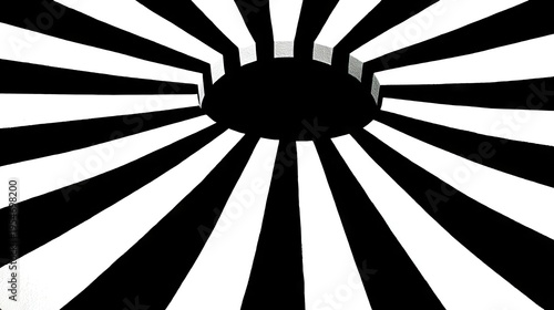 Graphic Black and White Radial Stripes Surrounding Circular Opening on White Surface