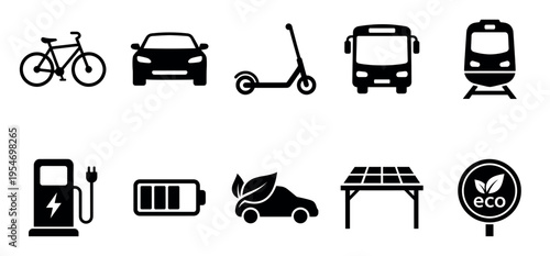 Collection of black icons representing various modes of transportation and eco-friendly concepts like electric cars and solar power.