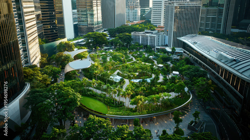 Vibrant urban park surrounded by modern skyscrapers showcases sustainable design and greenery, promoting relaxation and community engagement