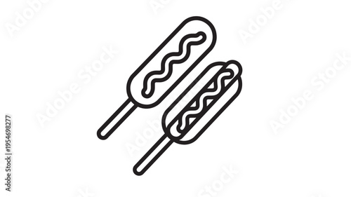 Hot dog and corn dog icons with mustard and ketchup, simple line art for food presentation and branding