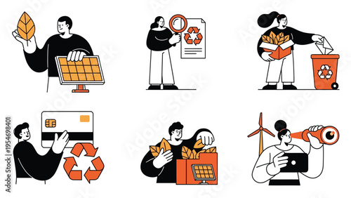 Eco-Friendly & Sustainable Living Illustrations: Renewable Energy, Recycling, Green Finance Concepts