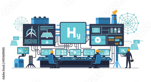 Modern control room with multiple screens displaying renewable energy data and hydrogen symbol, overseen by engineers.