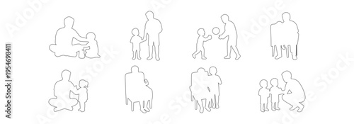 Father and child bonding activities outline set, parenting moments with playing blocks, reading books, catching ball, encouragement, learning and support vector collection