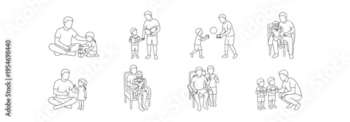 Father and child bonding activities set, parenting moments with playing blocks, reading books, catching ball, encouragement, learning and support, clean line art vector collection