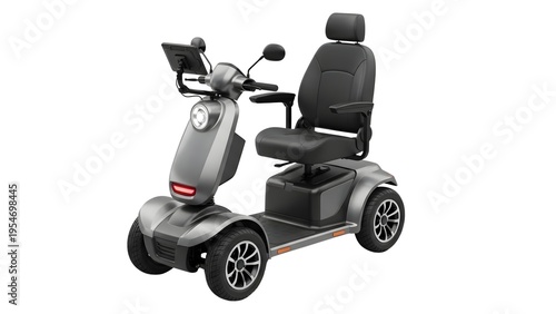 A sleek gray mobility scooter with black seat on transparent background