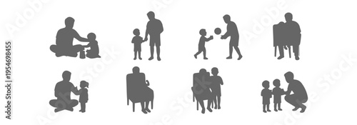 Father and child bonding activities silhouette set, parenting moments with playing blocks, reading books, catching ball, encouragement, learning and support vector collection