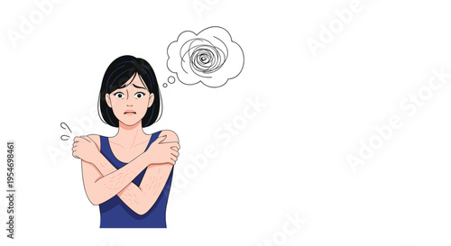 Worried young woman with black hair hugging herself while a messy scribble thought bubble floats above her head.