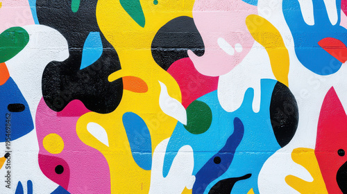 Vibrant and colorful street art mural featuring abstract shapes and patterns in various hues, creating lively and dynamic visual experience
