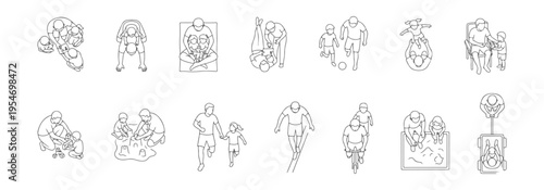 Top view parents and children activities set, family playing, reading, running, cycling, sandbox games, walking, storytelling and bonding moments line art vector collection