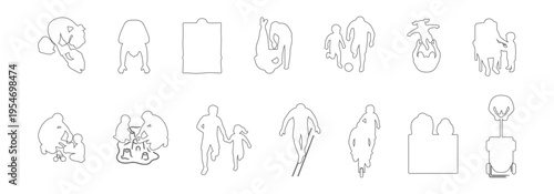 Top view parents and children activities outline set, family playing, reading, running, cycling, sandbox games, walking, storytelling and bonding moments vector collection