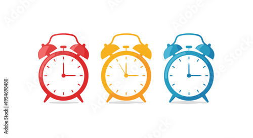 Set of three classic twin-bell alarm clocks in red, yellow, and blue colors showing different times for schedule themes.