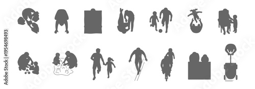 Top view parents and children activities silhouette set, family playing, reading, running, cycling, sandbox games, walking, storytelling and bonding moments vector collection
