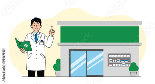 Male pharmacist in a white lab coat stands outside a modern pharmacy building pointing upwards while holding a green book.