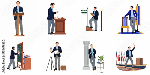 Set of flat vector illustrations featuring a professional male politician in various scenarios like public speaking, debating, and diplomatic events.