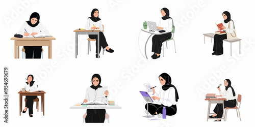 Vector illustrations set of a modern Muslim woman in hijab engaged in various study, work, and reading activities across different settings.