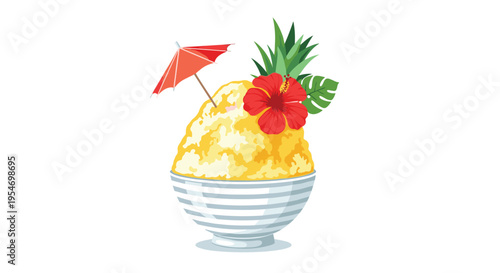 Delicious shaved ice dessert in a striped bowl is decorated with a red hibiscus flower a pineapple top and a small umbrella.