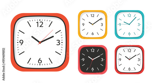 Selection of five square wall clocks in red yellow teal black and orange colors shows different face designs and hand styles.