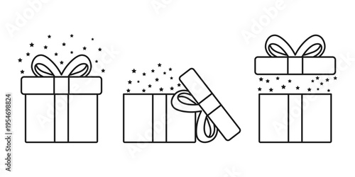 Gift box icon set collection in outline stroke flat style. Prize with ribbon bow vector illustration on isolated background. Christmas package linear sign business concept.