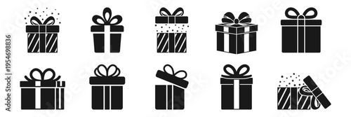 Gift box icon set collection in silhouette flat style. Prize with ribbon bow vector illustration on isolated background. Christmas package sign business concept.