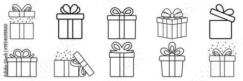 Gift box icon set collection in outline stroke flat style. Prize with ribbon bow vector illustration on isolated background. Christmas package linear sign business concept.