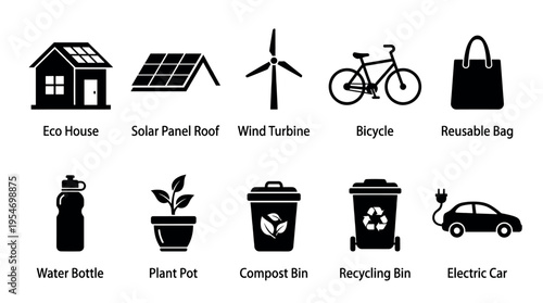 A collection of black and white icons representing sustainable living and eco-friendly practices including a house, solar panels, wind turbine, bicycle, bag, bottle, plant, bins, and car.