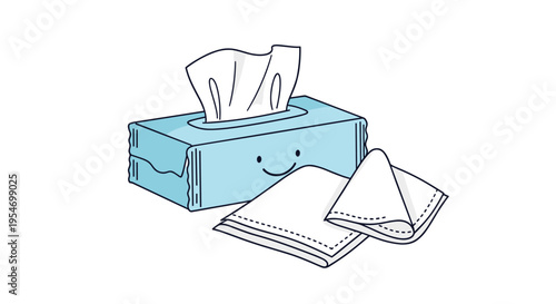 Blue tissue box with a friendly smiley face sits next to two loose white tissues on a clean white surface.