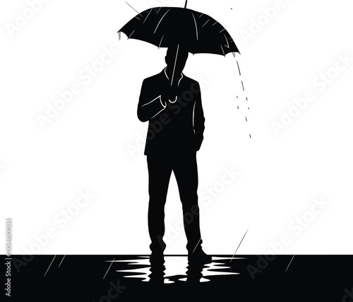 Man with umbrella in rain silhouette