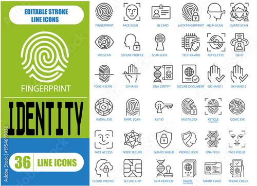 Geometric Identity Icons: 50 Minimalist Line Art Symbols for Verification, Bio metrics, Personal Data and Network Security (Vector Set)