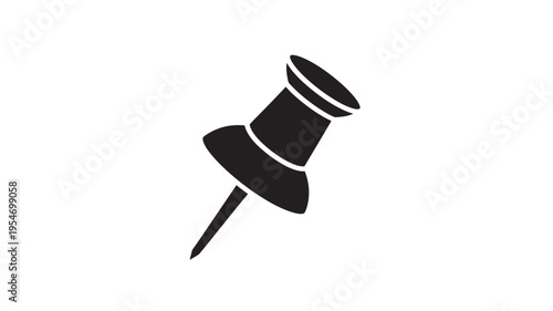Pushpin black icon with a sharp pointed end for attaching documents to bulletin boards and walls for office or school use.