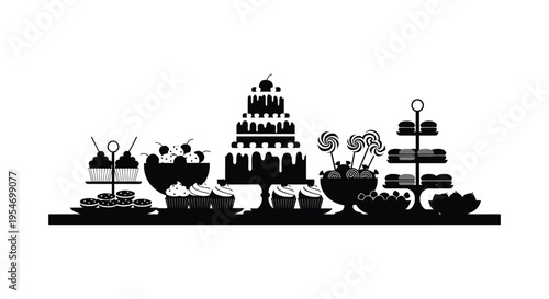 A delightful display of cakes candies and desserts presented in a striking black silhouette high quality