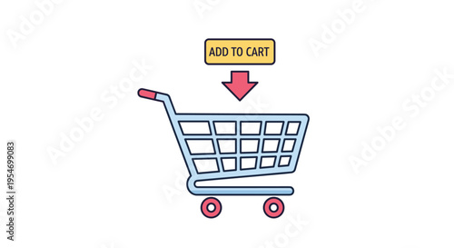 Online shopping icon shows a light blue cart with pink wheels and an arrow pointing down from an add to cart button.