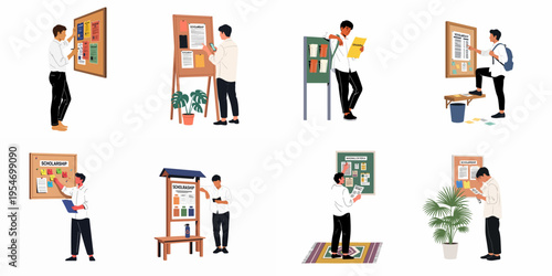 Set of illustrations showing a male student looking for scholarship and financial aid information on various school bulletin boards and notice displays.
